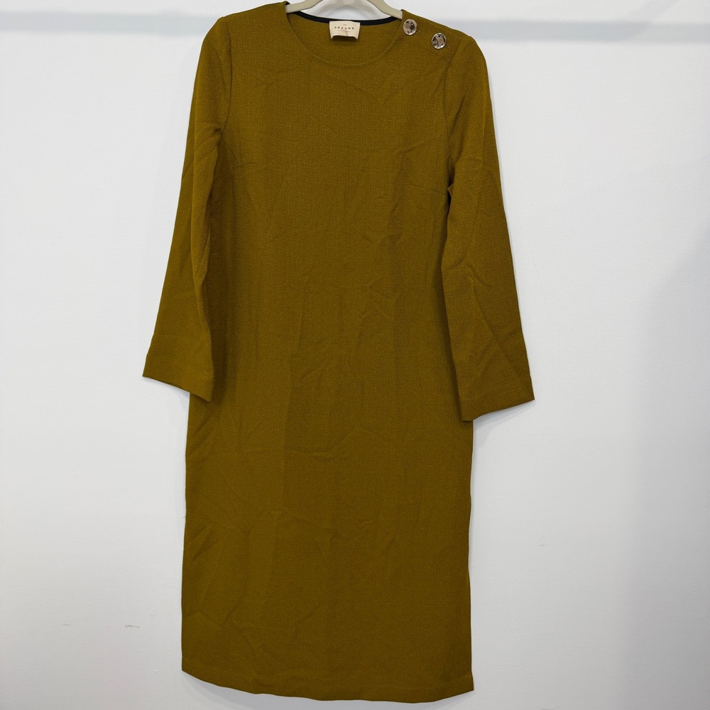 Sézane Paris Mustard Shift Dress Button Shoulder Long Sleeve Mini EU 38 US 6